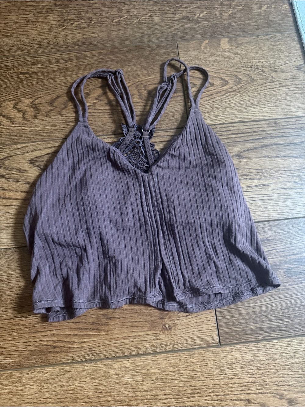 aerie Ribbed V-Neck Crochet-Back Crop Tank Top - Brown
